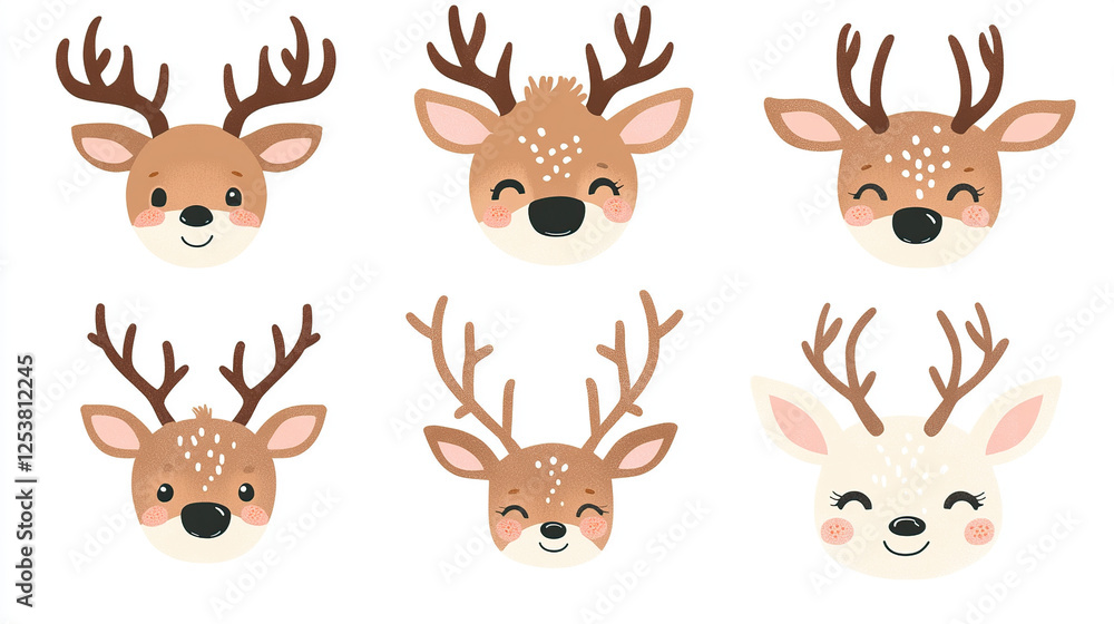 Obraz premium Cute Kawaii Deer Faces in Pastel Colors