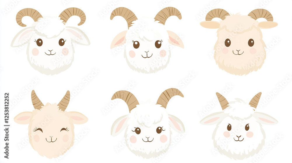 Fototapeta premium Cute Kawaii Goat Faces Collection in Pastel Colors