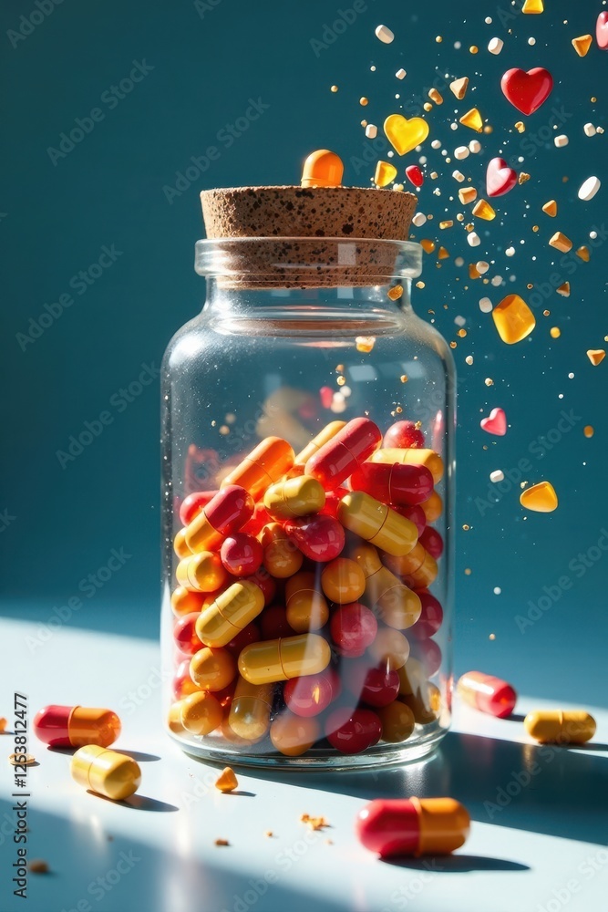 Glass bottle containing pills breaks releasing contents, shards, chaos Glass bottle containing pills breaks releasing contents, shards, chaos