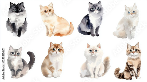 Watercolor Illustration of Various Cat Breeds