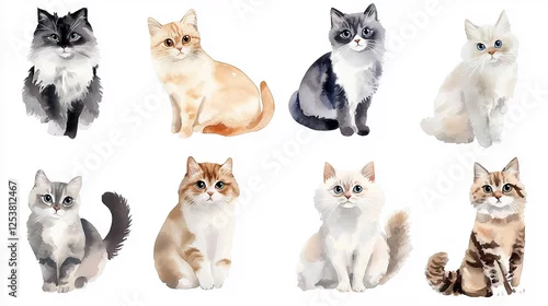 Fototapeta Watercolor Illustration of Various Cat Breeds