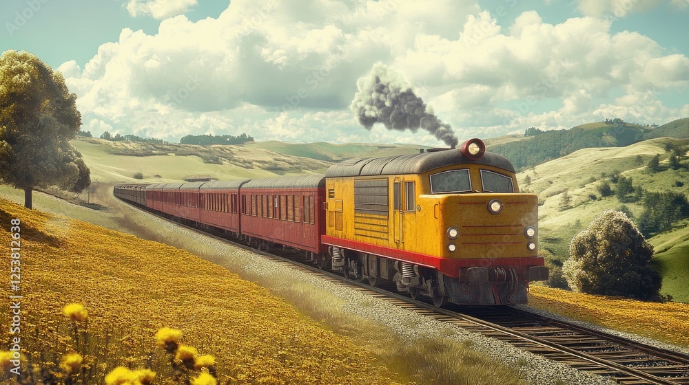 Fototapeta premium A diesel locomotive pulling freight cars through a rural landscape.