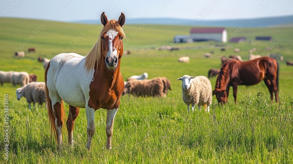 Horses and sheep graze in a lush green pasture near rustic barns during a sunny afternoon Horses and sheep graze in a lush green pasture near rustic barns during a sunny afternoon