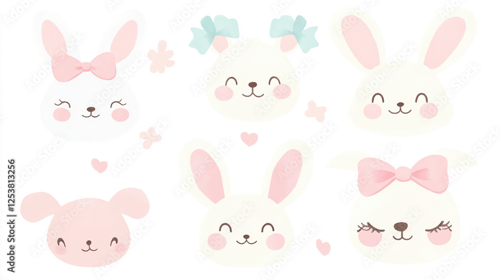 Fototapeta premium Adorable Pastel Cartoon Animal Faces