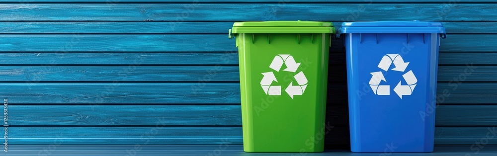 Minimalistic green and blue recycling bins for eco-friendly waste management practices Minimalistic green and blue recycling bins for eco-friendly waste management practices