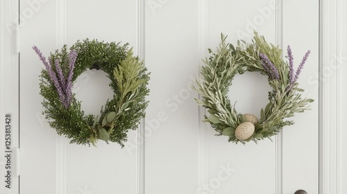 Spring wreaths on white door, Easter eggs, home decor