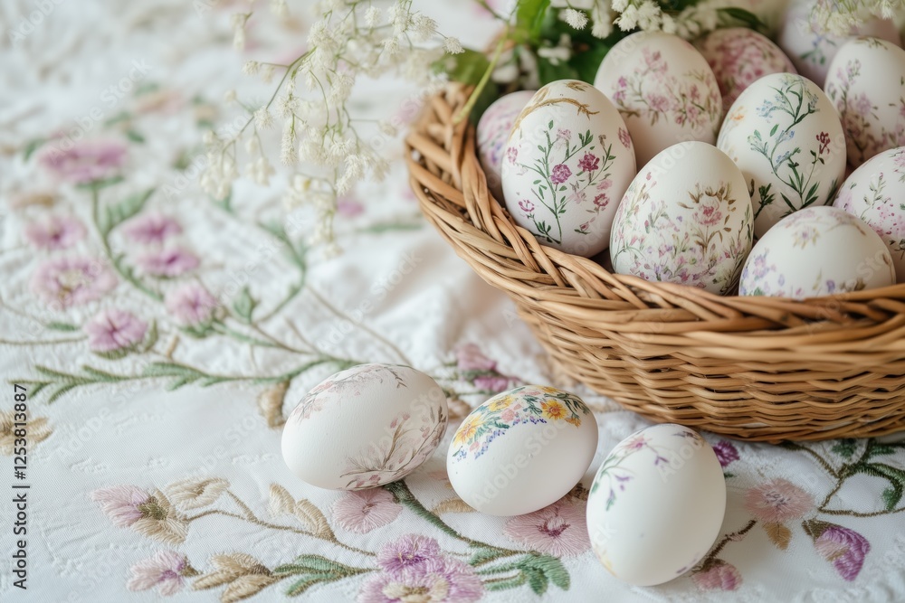 Beautifully decorated Easter eggs resting in a basket on an embroidered tablecloth Beautifully decorated Easter eggs resting in a basket on an embroidered tablecloth