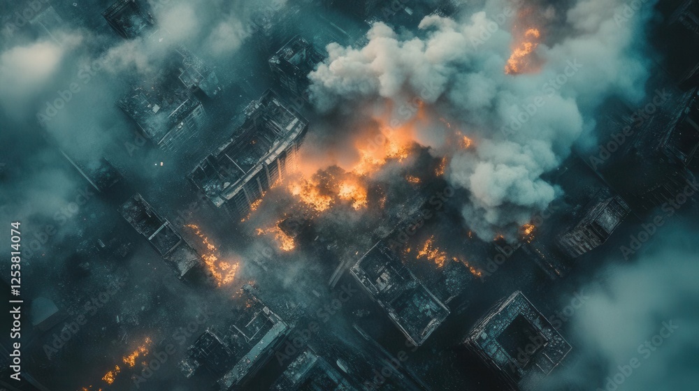 Fototapeta premium Apocalyptic Cityscape Engulfed in Firestorm with Collapsed Buildings and Ash Clouds