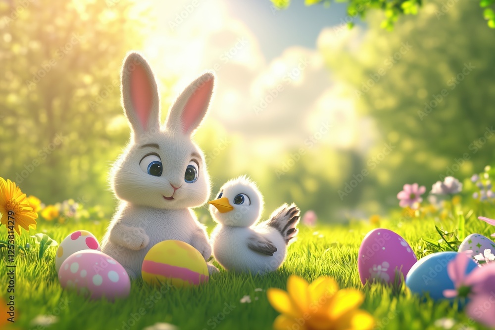Fototapeta premium Playful Easter bunny and chick sitting together in a sunny field with colorful eggs