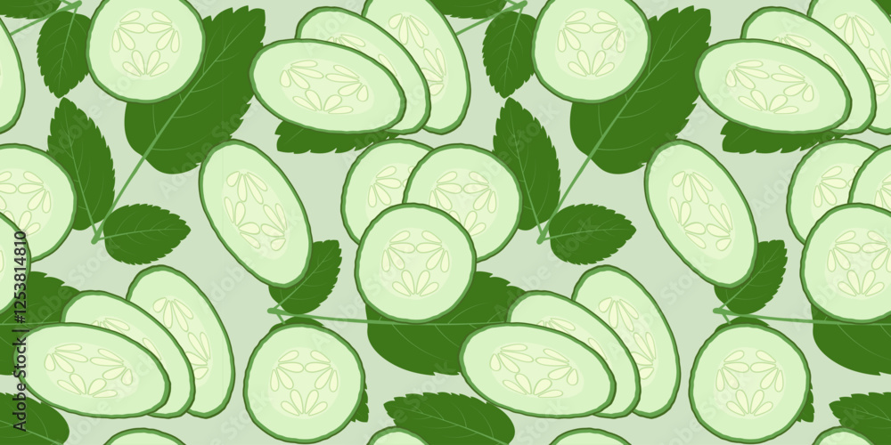Naklejka premium Pattern with cucumber slices and mint sprigs