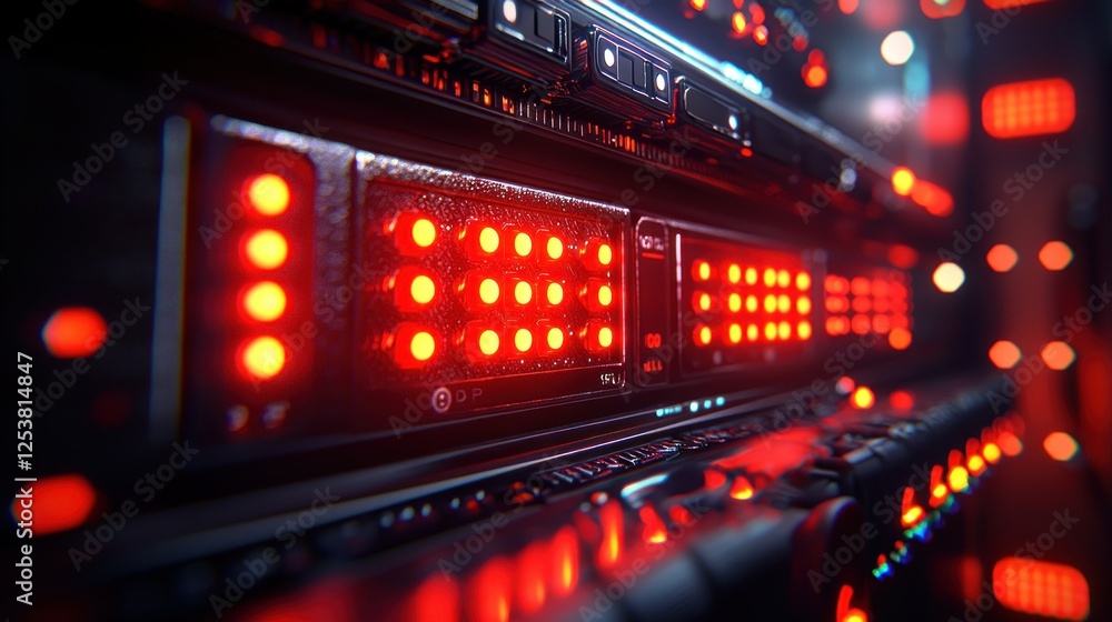 Fototapeta premium Red lights illuminate server rack in data center