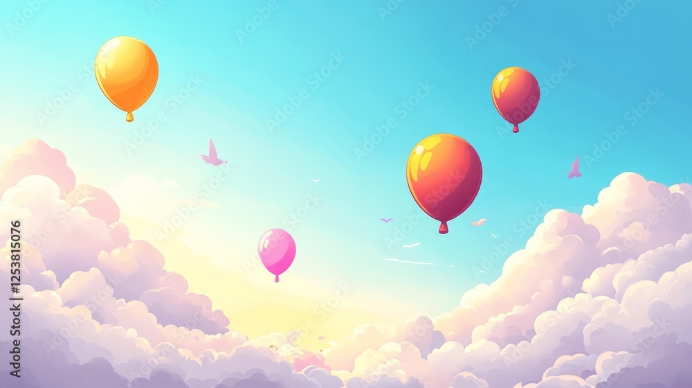 Colorful balloons floating in a bright blue sky above a vibrant field of flowers Colorful balloons floating in a bright blue sky above a vibrant field of flowers