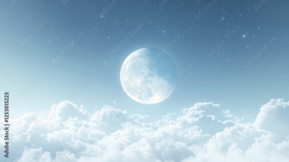 Full moon illuminating fluffy clouds in a tranquil night sky over a serene landscape