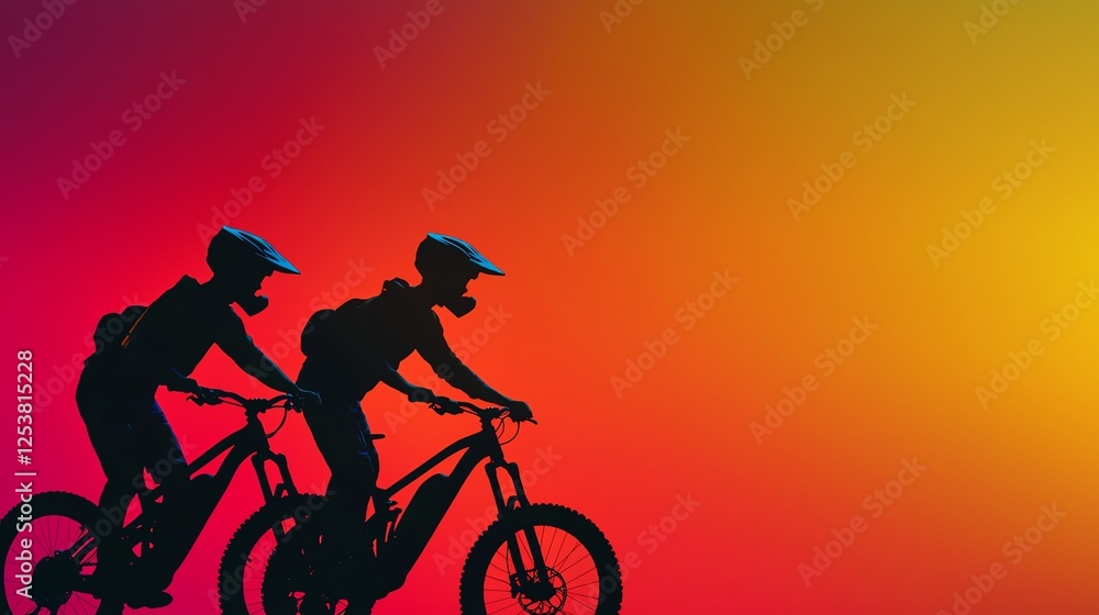 Obraz premium Silhouettes of two mountain bikers against a vibrant sunset backdrop, showcasing the thrill of outdoor adventure and active lifestyle.