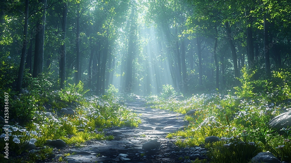 Obraz premium Sunbeams illuminate a misty forest path. (1)