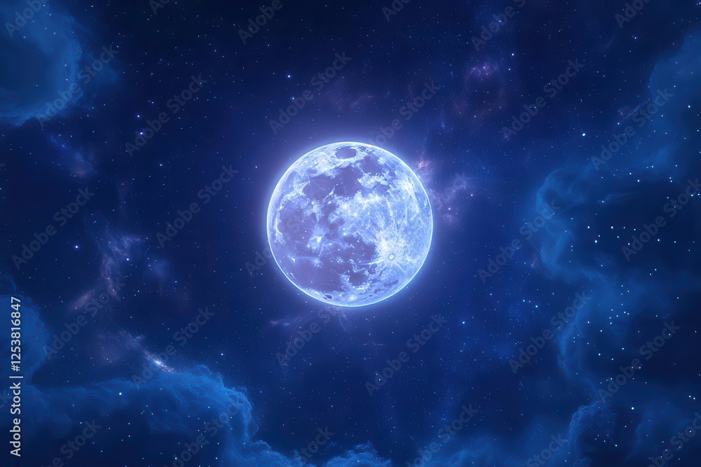 Obraz premium Captivating Full Moon Illuminating Clouds and Stars in Dramatic Night Sky