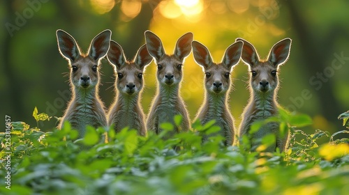 Five young kangaroos in a row at sunset. photo