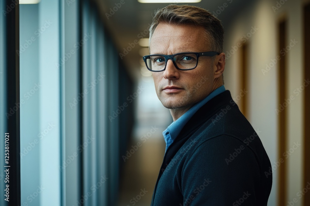 Fototapeta premium A person standing in an office with a serious expression, wearing glasses and business attire.