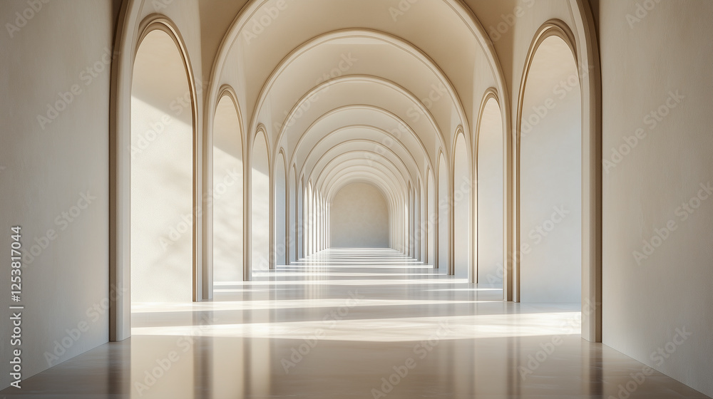Elegant corridor with symmetrical arches and soft sunlight Elegant corridor with symmetrical arches and soft sunlight