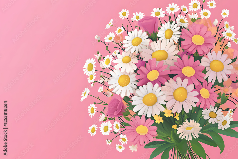 Fototapeta premium A vibrant bouquet of colorful flowers including daisies and roses against a soft pink background