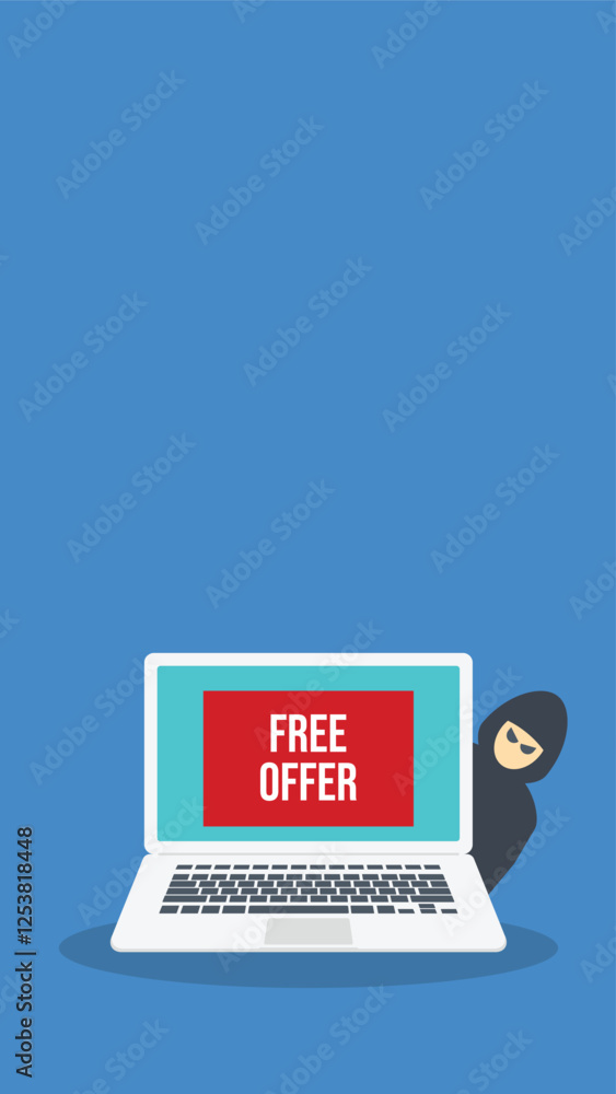 Free offer message banner on a laptop computer and a hacker. Hacking concept. Free offer message banner on a laptop computer and a hacker. Hacking concept.