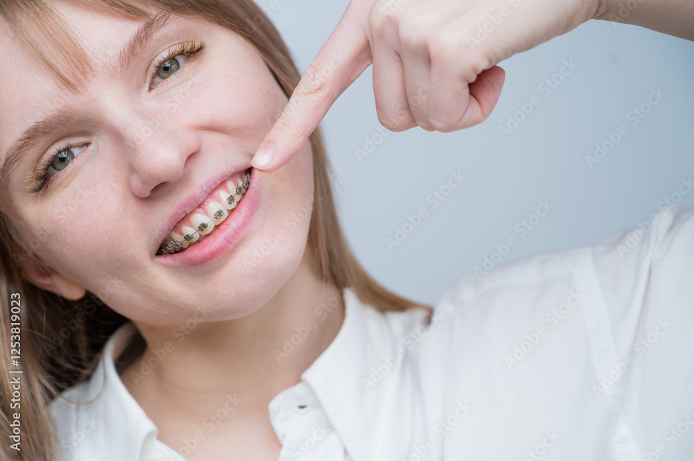 A beautiful red-haired girl smiles and points to the braces. Young woman corrects bite with orthodontic appliance A beautiful red-haired girl smiles and points to the braces. Young woman corrects bite with orthodontic appliance