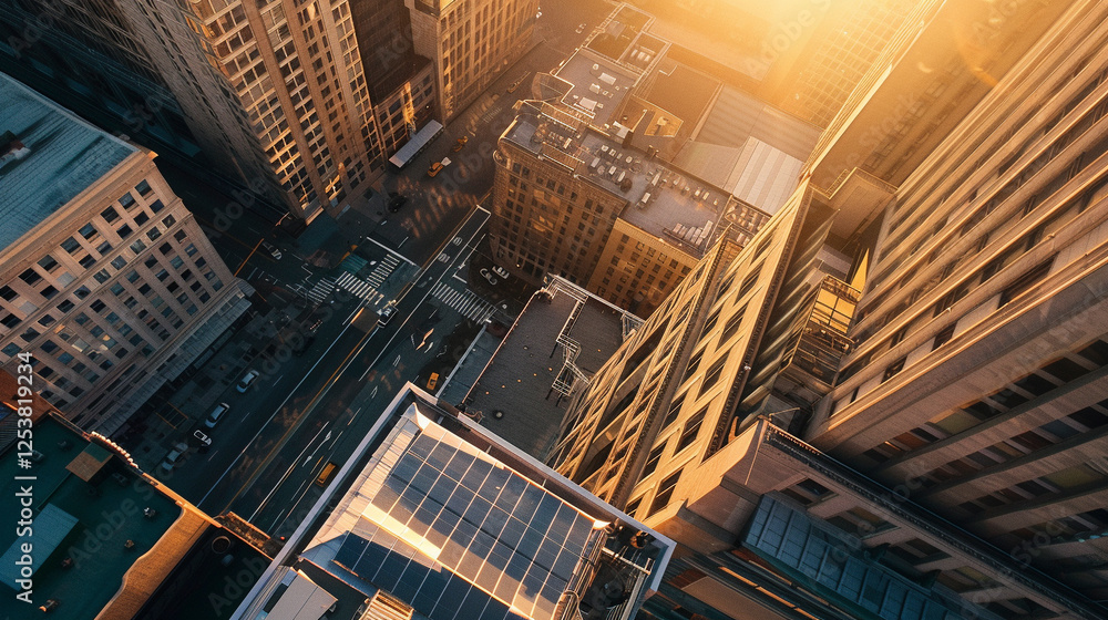 A commercial buildings rooftop with an expansive array of photovoltaic solar panels, birds-eye view, sun rays reflecting off the glassy panels A commercial buildings rooftop with an expansive array of photovoltaic solar panels, birds-eye view, sun rays reflecting off the glassy panels