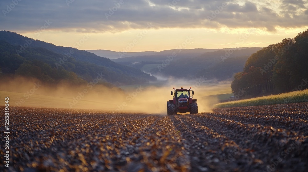 Sunset over fields with a tractor cultivating crops in golden light Sunset over fields with a tractor cultivating crops in golden light