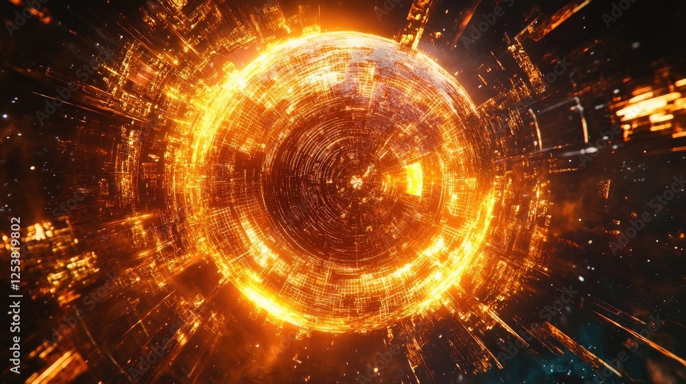 Obraz premium A vibrant energy sphere surrounded by digital codes of ethical values.