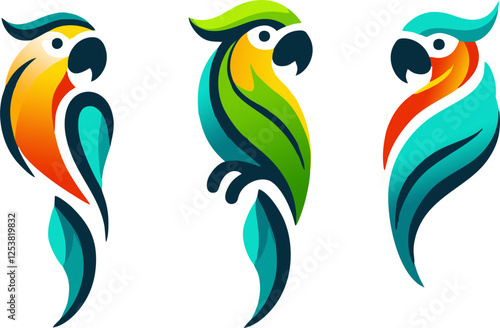 set of parot bird with colorfull design, featuring a flying silhouette with wings and feathers, symbolizing peace and nature