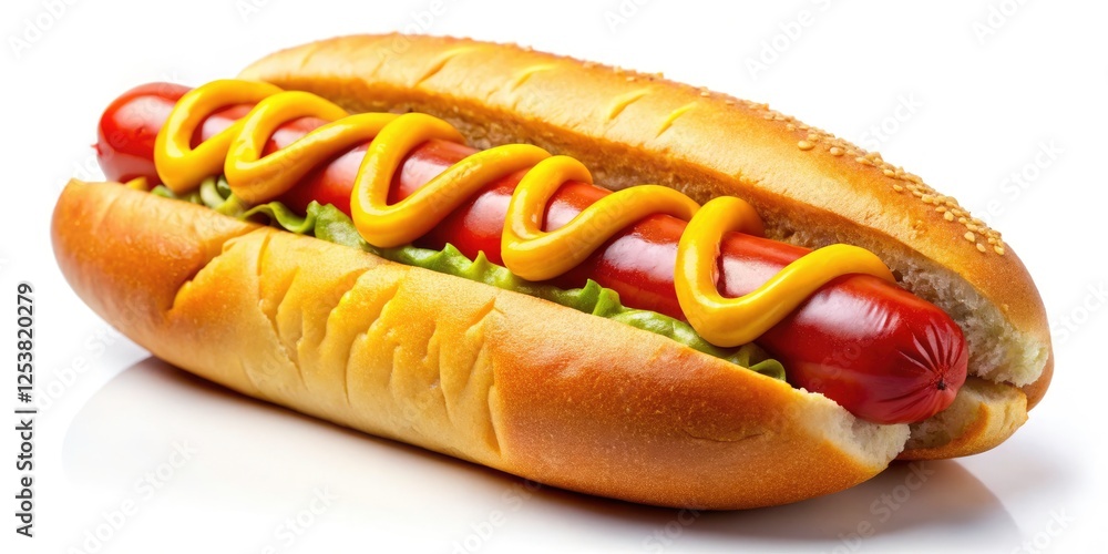 Close-up: A classic hot dog, perfectly topped with ketchup and mustard. Close-up: A classic hot dog, perfectly topped with ketchup and mustard.