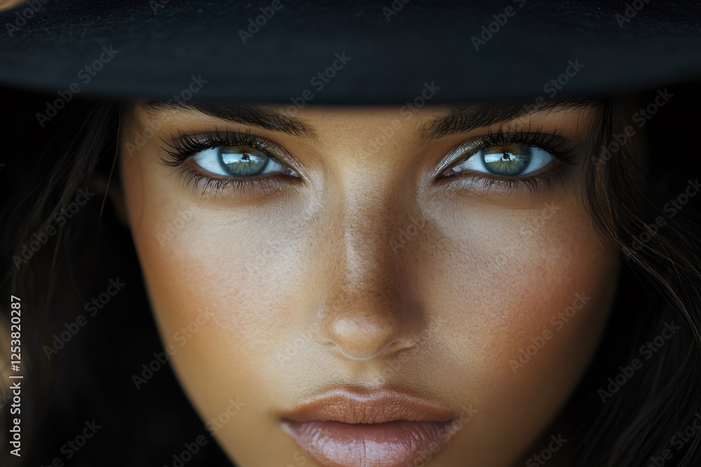 Fashion model posing with wide brim hat and striking eyes Fashion model posing with wide brim hat and striking eyes