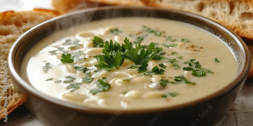 A visually appealing image of a bowl filled with creamy cauliflower soup. The soup is garnished with fresh herbs and the aroma appears to be richly inviting. A loaf of bread is in the background, A visually appealing image of a bowl filled with creamy cauliflower soup. The soup is garnished with fresh herbs and the aroma appears to be richly inviting. A loaf of bread is in the background,