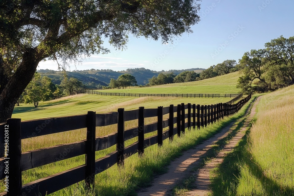 Dirt road running along wooden fence in green meadow Dirt road running along wooden fence in green meadow