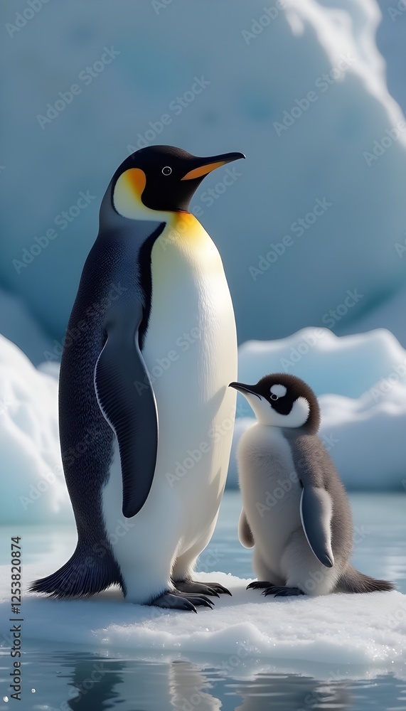 Fototapeta premium A mother penguin with it's baby on an ice berg in intarctic landscape 