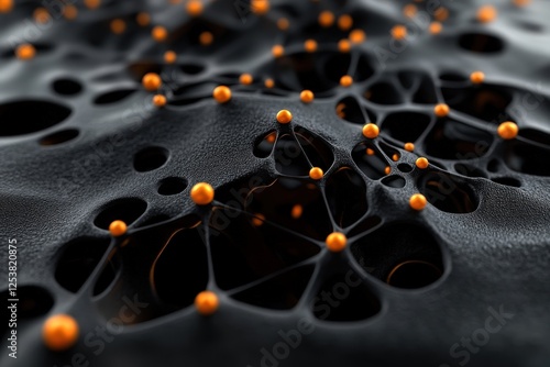 An artistic abstraction characterized by a black textured surface adorned with vibrant orange orbs, representing the interplay of light, shadow, and dynamic motion in design.