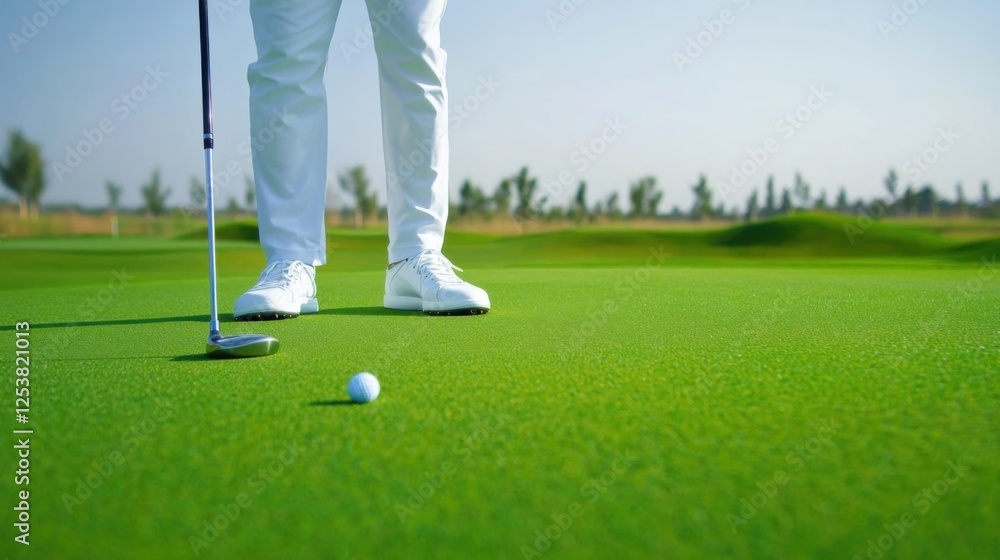 Obraz premium A professional golfer practicing putting techniques on a golf course green, with golf clubs and precision golf strokes, Golf practice scene
