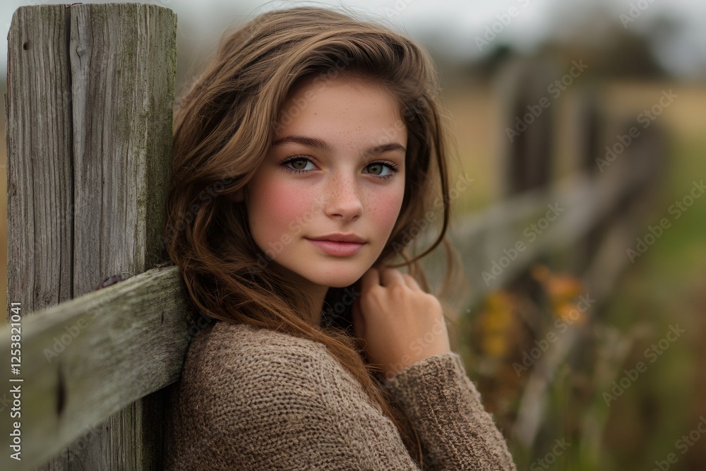 Beautiful teenager girl leaning on wooden fence in countryside