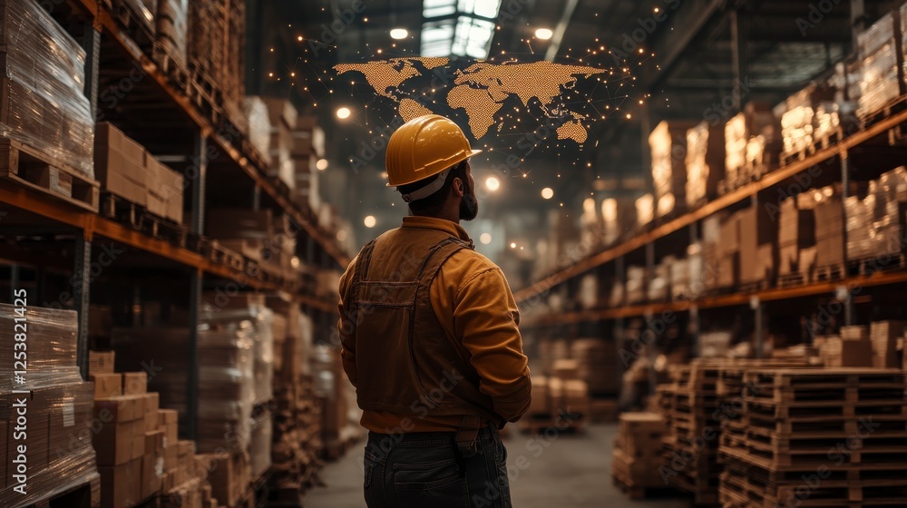 Warehouse Worker with Hard Hat and World Map Overlay in Background Warehouse Worker with Hard Hat and World Map Overlay in Background