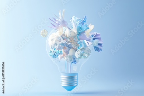 A vibrant light bulb filled with imaginative colorful elements symbolizes creativity and innovation, showcasing a fusion of artistic ideas in a bright, cheerful composition.