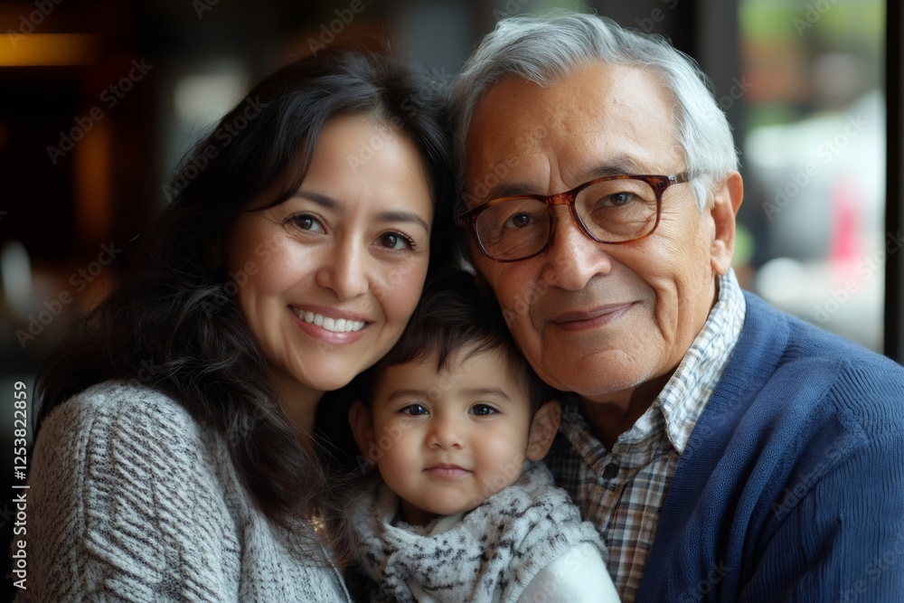 Happy family posing for a portrait, showing three generations of love and connection Happy family posing for a portrait, showing three generations of love and connection