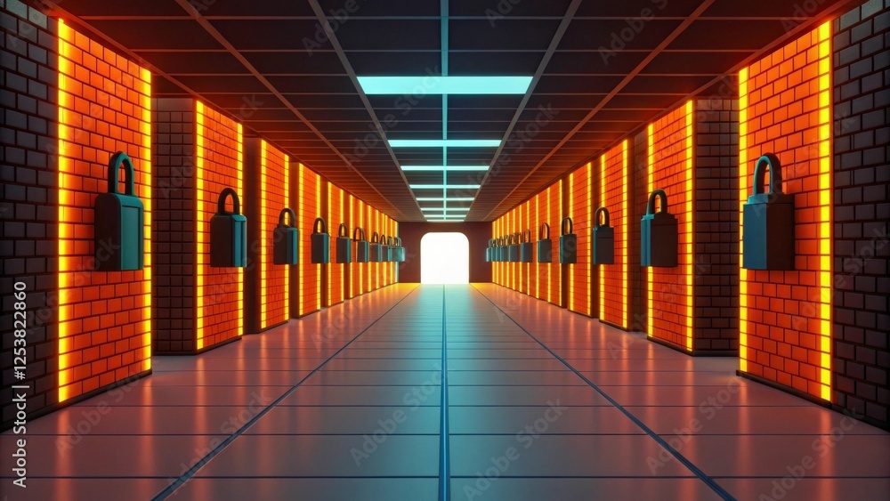 Fototapeta premium Cybersecurity Corridor: Glowing Orange and Teal Digital Security Tunnel 