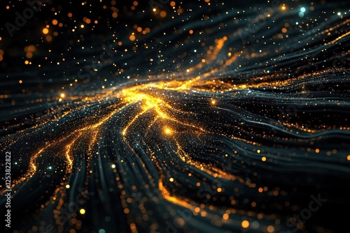 A mesmerizing cosmic flow image with sparkling particles and flowing lines of light, suggesting a journey through space and time, filled with mystery and beauty.