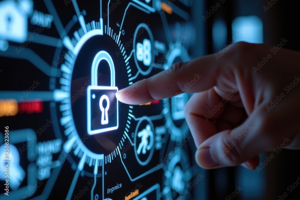Fototapeta premium A high-tech digital padlock being unlocked by a fingerprint, set against a futuristic technology-themed background. The glowing biometric scanner highlights advanced security
