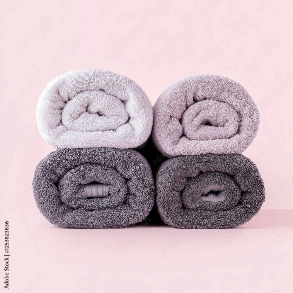 Three rolled bath towels in gradient shades of gray, stacked symmetrically, highlighting their realistic folds and texture, on a light pastel pink background Three rolled bath towels in gradient shades of gray, stacked symmetrically, highlighting their realistic folds and texture, on a light pastel pink background