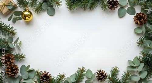 Una composición plana con ramas de pino, hojas de eucalipto, piñas y un adorno navideño dorado dispuesto alrededor de los bordes de una superficie blanca
