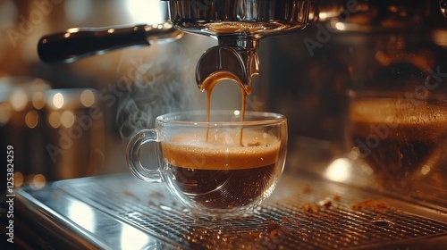 Fresh espresso shot pouring from a coffee machine into a glass