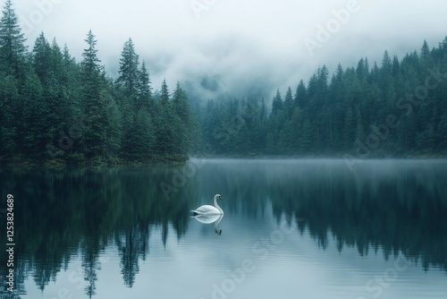 Fototapeta Naklejka Na Ścianę i Meble -  White swan swimming on a misty lake surrounded by pine trees