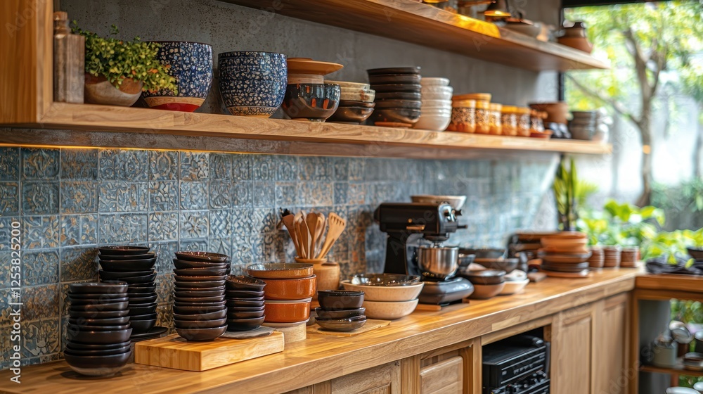Restaurant kitchen shelves with tableware Restaurant kitchen shelves with tableware