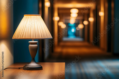 A table lamp on a wooden desk in the foreground contrasts with the blurred hotel corridor behind. This wide-angle shot, taken in the evening with natural lighting, creates a stylish, warm setting.